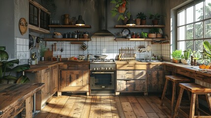 Kitchen Filled With Wooden Furniture