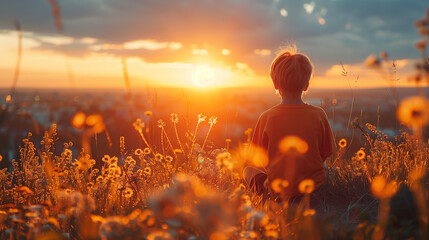 A young boy sits in a field of flowers, watching the sun set