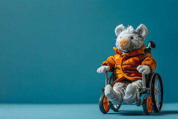 Soft toy on a stroller for the disabled on the solid beige background. National Specially-abled Pets Day. Copy space. - obrazy, fototapety, plakaty