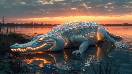 Cybernetic Crocodile Basking at Sunset on Riverbank with Shimmering Robotic Scales