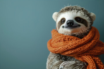 Animal sloth wearing winter knitted wool scarf on blue background. Animal disease, cold, flu, virus concept. Copy space. - obrazy, fototapety, plakaty