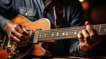 Fototapeta premium Closeup photo of classic guitar players’ hands, playing guitar codes with his fingers and playing a music 