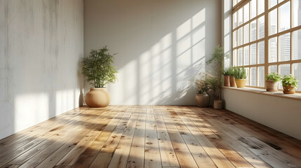 3D model of an empty room with wood laminate floor and sun-cast shadows cast on the wall. Conceptual illustration of minimalism in interior design. - obrazy, fototapety, plakaty