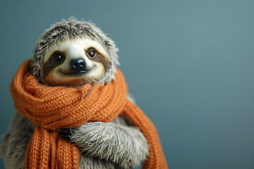 Fototapeta premium Animal sloth wearing winter knitted wool scarf on blue background. Animal disease, cold, flu, virus concept. Copy space.