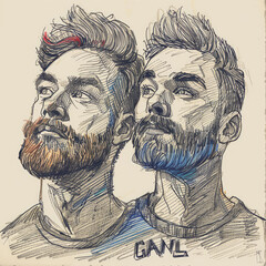 2 handsome Norwegian 27 yr old men drawing is drawn with the word GAY in, in the style of exaggerated facial features