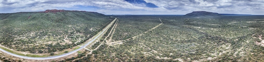 Drone panorama of the landscape around the Waterberg in Namibia during the day