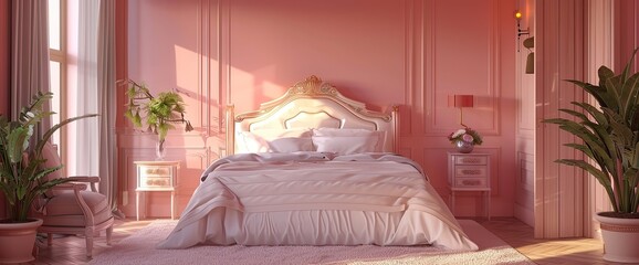 Bedroom interior. 3d illustration. Bed