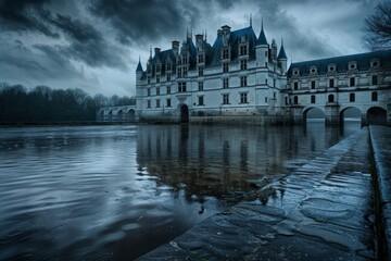 Medieval Haunted Castle, Gloomy Chateau, Old France Architecture, Chenonceau, Copy Space - obrazy, fototapety, plakaty