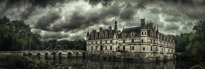 Fototapeta na wymiar Medieval Haunted Castle, Gloomy Chateau, Old France Architecture, Chenonceau, Copy Space