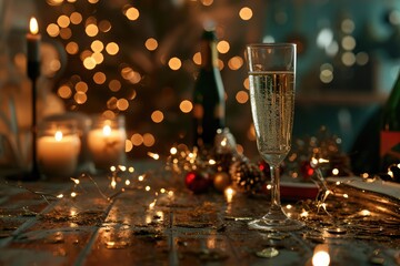 New Year's Glasses of Champagne, Celebrate Toast, Drink Glasses on Blurred Golden Background