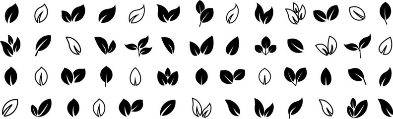 Black leaf vector icons. Eco leaf logo. Simple linear leaves of trees and plants. Elements for eco friendly and bio logo,vegan. Black leaves collection. Ecology leaf symbol. - obrazy, fototapety, plakaty