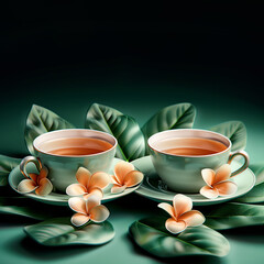 Two cups of tea with tropical flowers on green leaves, dark background with copy space.. - 781572871