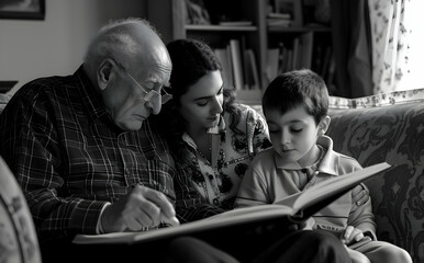 Fototapeta premium Grandpa with grandchildren reading book and celebrate world book day