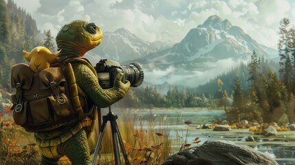 Fototapeta premium A 2D animated turtle as a photographer, with a 3D camera, snapping photos of watercolor landscapes