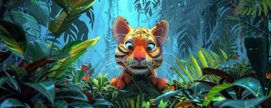 A 3D-rendered tiger-striped hat, with playful ears and whiskers, set against a vibrant, cartoon jungle backdrop