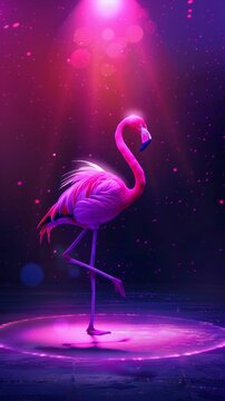 A cartoon flamingo as a dancer, with a 3D stage and vibrant watercolor spotlight