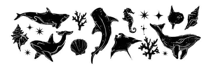 Ocean animal linocut set, vector grunge whale print, wild sea mammal silhouette, woodcut stamp. Summer marine retro collection, hand drawn underwater shark, coral, stingray. Ocean animal illustration