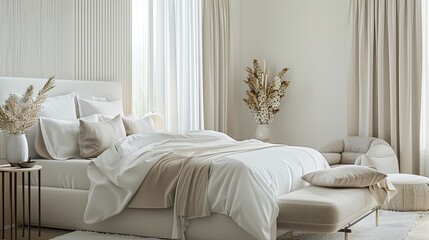a bedroom adorned with a neutral color palette, featuring shades of white, cream, and taupe,...