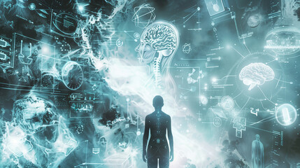 human robot, artificial intelligence, business intelligence, scientific symbols and laboratory equipment, neural networks, science fiction,  technology and anatomy,