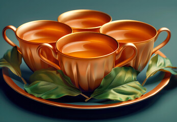 Set of glossy golden teacups with green leaves on a teal background. - 781574605