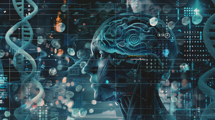 human robot, artificial intelligence, business intelligence, scientific symbols and laboratory equipment, neural networks, science fiction,  technology and anatomy, - obrazy, fototapety, plakaty