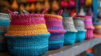 Crafts: colorful woven baskets made with reeds - obrazy, fototapety, plakaty