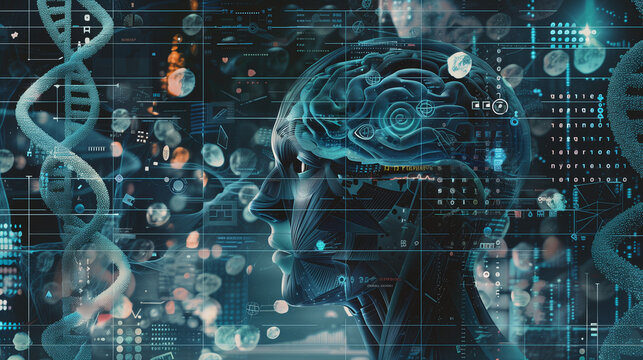 human robot, artificial intelligence, business intelligence, scientific symbols and laboratory equipment, neural networks, science fiction,  technology and anatomy,