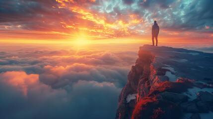 A man stands on a cliff overlooking a beautiful sunset - obrazy, fototapety, plakaty