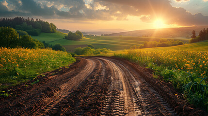 A dirt road in a field with a sun shining on it
