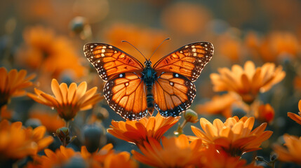 Fototapeta na wymiar A butterfly is sitting on a flower in a field of orange flowers