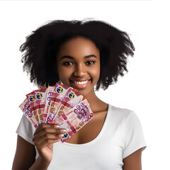 Young black woman holding and showing Ghanaian cedi notes to the camera over transparent background, African lady happy smiling hand money cash Ghana currency