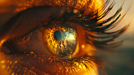 Beautiful macro shot of multicolored eye with a lot of texture under sunset