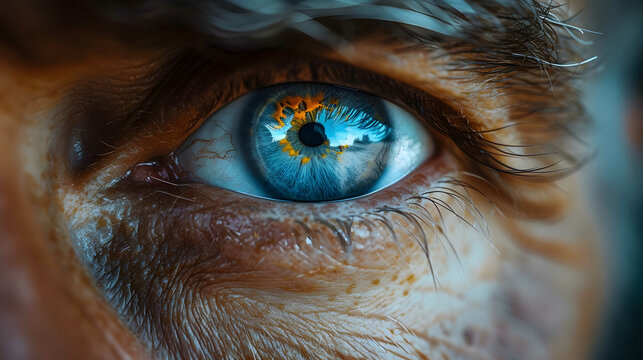 Intense Gaze: Close-up of Human Eye. Macro shot of a human eye with intricate blue and gold iris details.