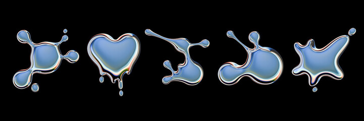 3D chrome liquid form set, metal y2k abstract shapes, glossy silver mercury futuristic bubble heart. Acid gradient aluminum icon, chromatic surreal drop blot, fluid design element. 3D chrome sticker