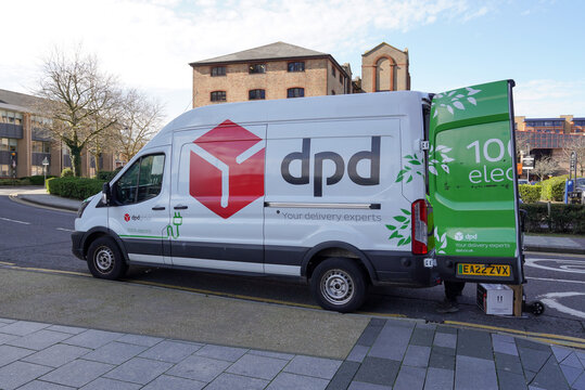 Southampton England 14 March 2024 - 100% electric vehicle used by dpd delivery business. Geopost parcel delivery van 