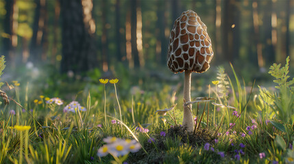 Edible morel in a forest scenery. - obrazy, fototapety, plakaty