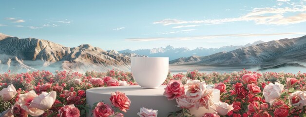 a white plastic pot positioned on a luxurious platform amidst a profusion of roses, with distant mountains creating a high-definition backdrop, ensuring the pot remains unobstructed. - obrazy, fototapety, plakaty