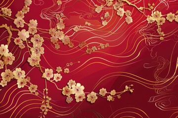Happy Chinese new year luxury style pattern background vector. Oriental sakura flower gold line art texture on red background. Design illustration for wallpaper, card, poster, packaging, advertising