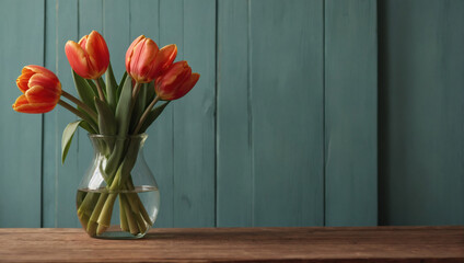 Tulips bouquet in glass vase adorning a wooden table against a blank coral wall, creating a charming home interior with ample copy space.