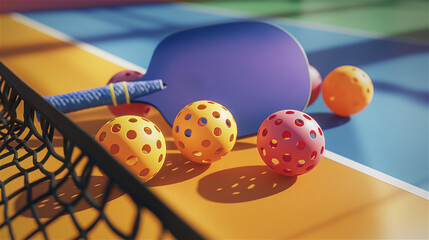 Pickleball set, perforated balls and paddle for playing pickleball laying on court near net.