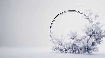 an abstract metal material round, partially integrated into a fashion-forward plant wreath design, with oversized flowers suspended in an ultra wide-angle shot against a white background.