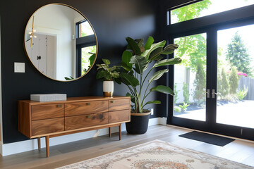 Black walls and doors, midcentury modern interior design of entryway with wooden sideboard against dark wall, large round mirror on the wall, indoor plant in a pot near the window.
