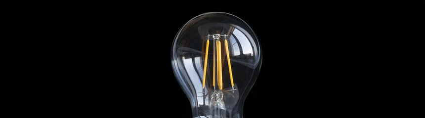 High quality transparent LED filament lamp with yellow filaments in the dark on black background....