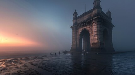 Mumbai. Sunrise at the iconic Gateway of India with the Arabian Sea backdrop and soft light on the arch
