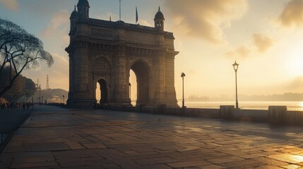 Fototapeta premium Mumbai. Illuminated by the sunrise, the iconic Gateway of India and the Arabian Sea captivate