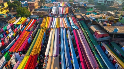 Obraz premium Mumbai. Colorful rows of clothing dry under the sun at Dhobi Ghat, a unique sight