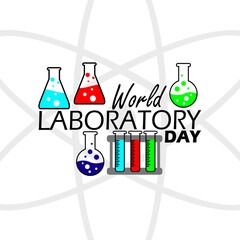 World Laboratory Day event banner. Chemical test tubes with various liquid colors and bold text on white background to celebrate on April 23rd