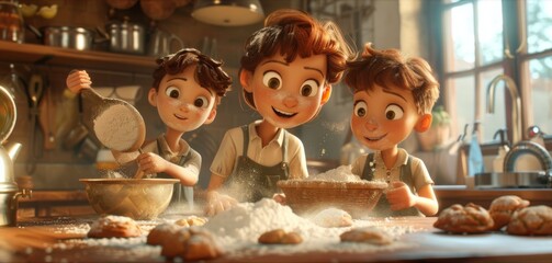 A delightful 3D render character of a human mother and her children baking together in a cozy kitchen. Animated Mother's Day card.