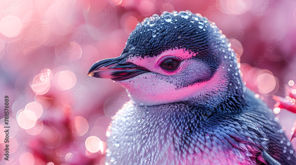 Poster an adorable baby penguin with soft pink feathers and a matching pink beak, adding a delightful touch