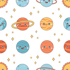 Seamless pattern with Solar System and space. Trendy groovy cartoon planet characters. Vector illustration in flat style